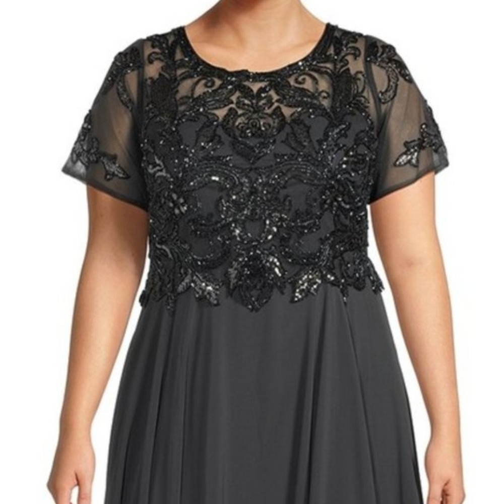 XSCAPE Women's Charcoal Beaded Chiffon Short Sleeve Formal Gown NWT - Picture 12 of 17
